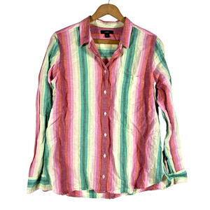J Crew Linen Shirt Size 10 Womens Rainbow Stripe Button Up Long Boho Beachy